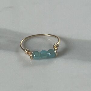 Dainty Gold and Blue Faceted Beaded Ring wire wrapped handmade